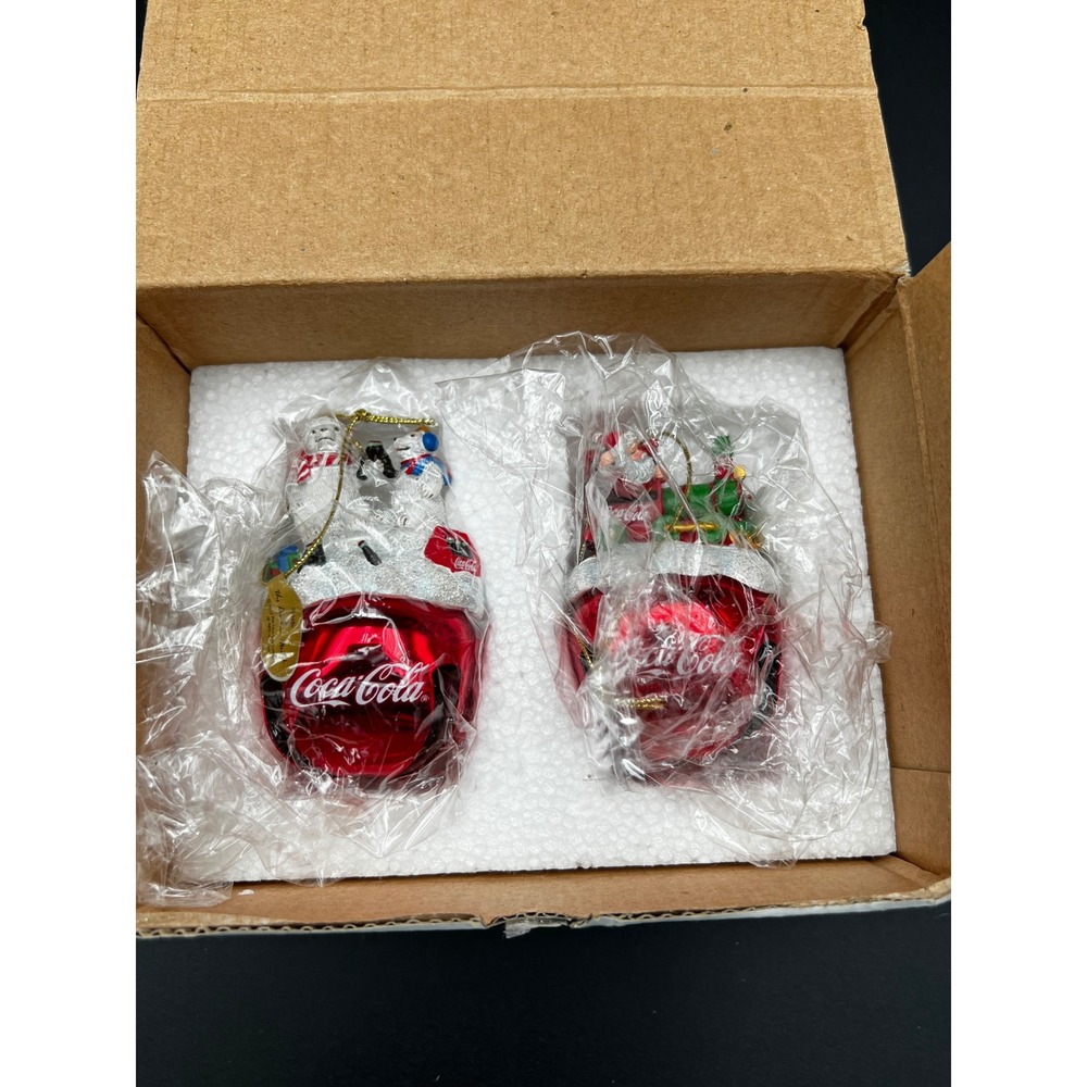 Coca-Cola Christmas Bell Ornaments Set of 2 Polar Bears Santa Claus Red Metallic